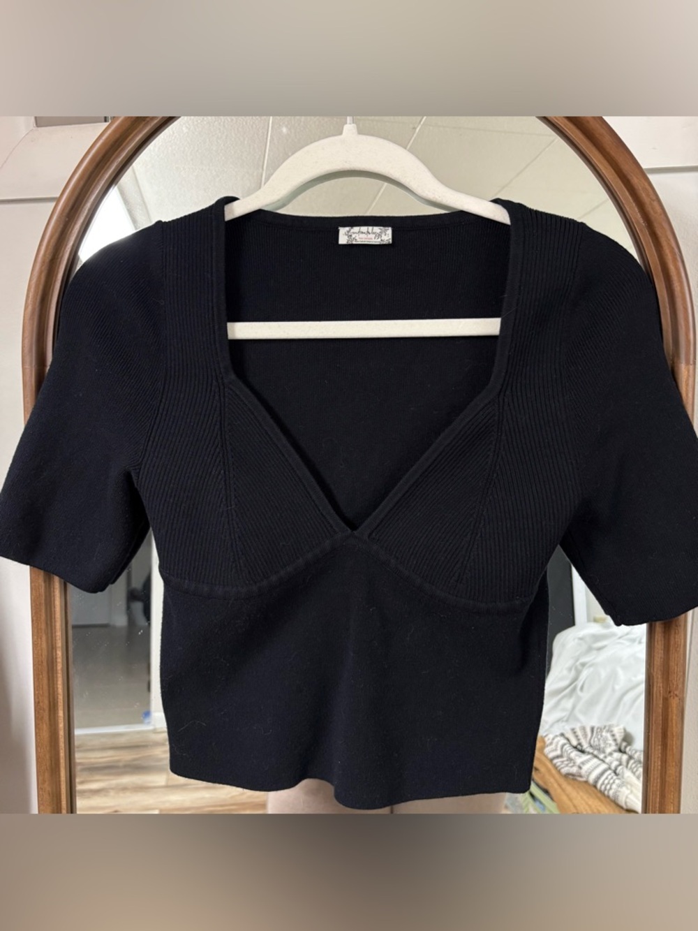 Free People Black V-Neck Short Sleeve Knit Top